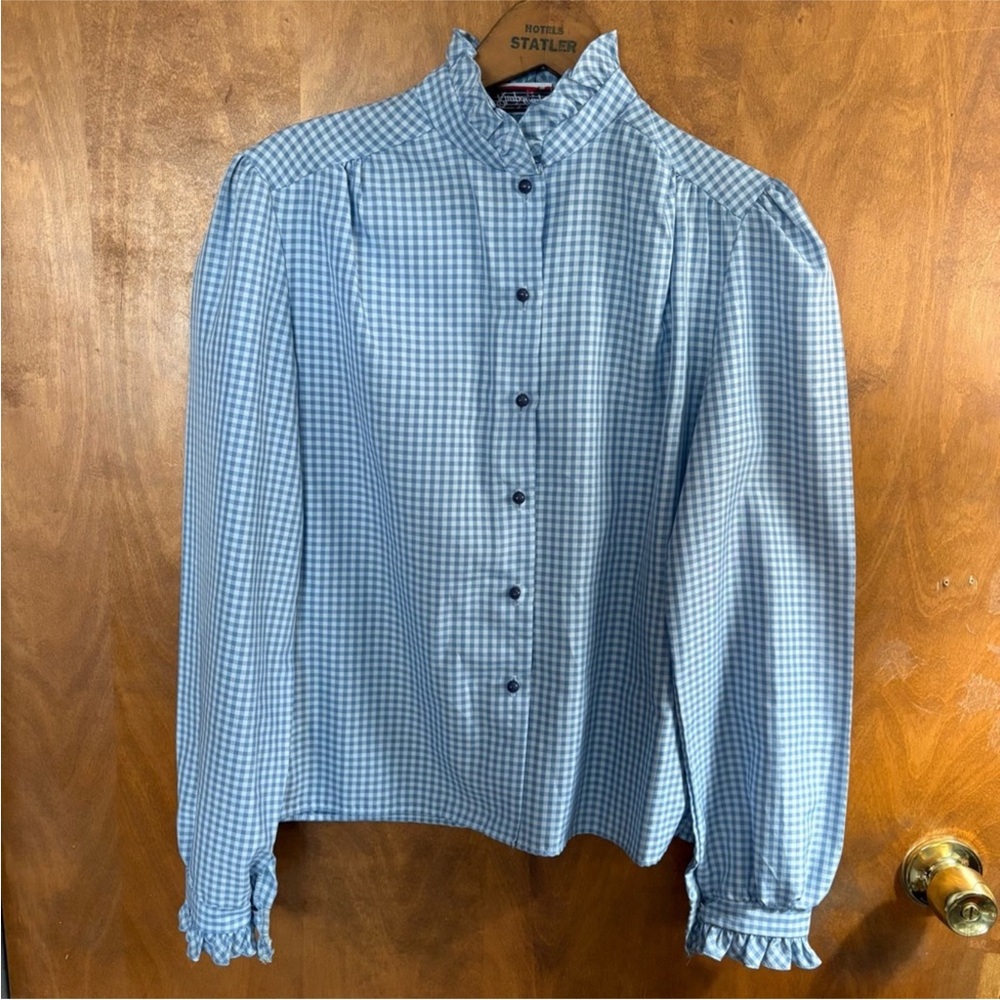Vintage Blue White Gingham Blouse Top High Neck Ruffle Victorian Country Western